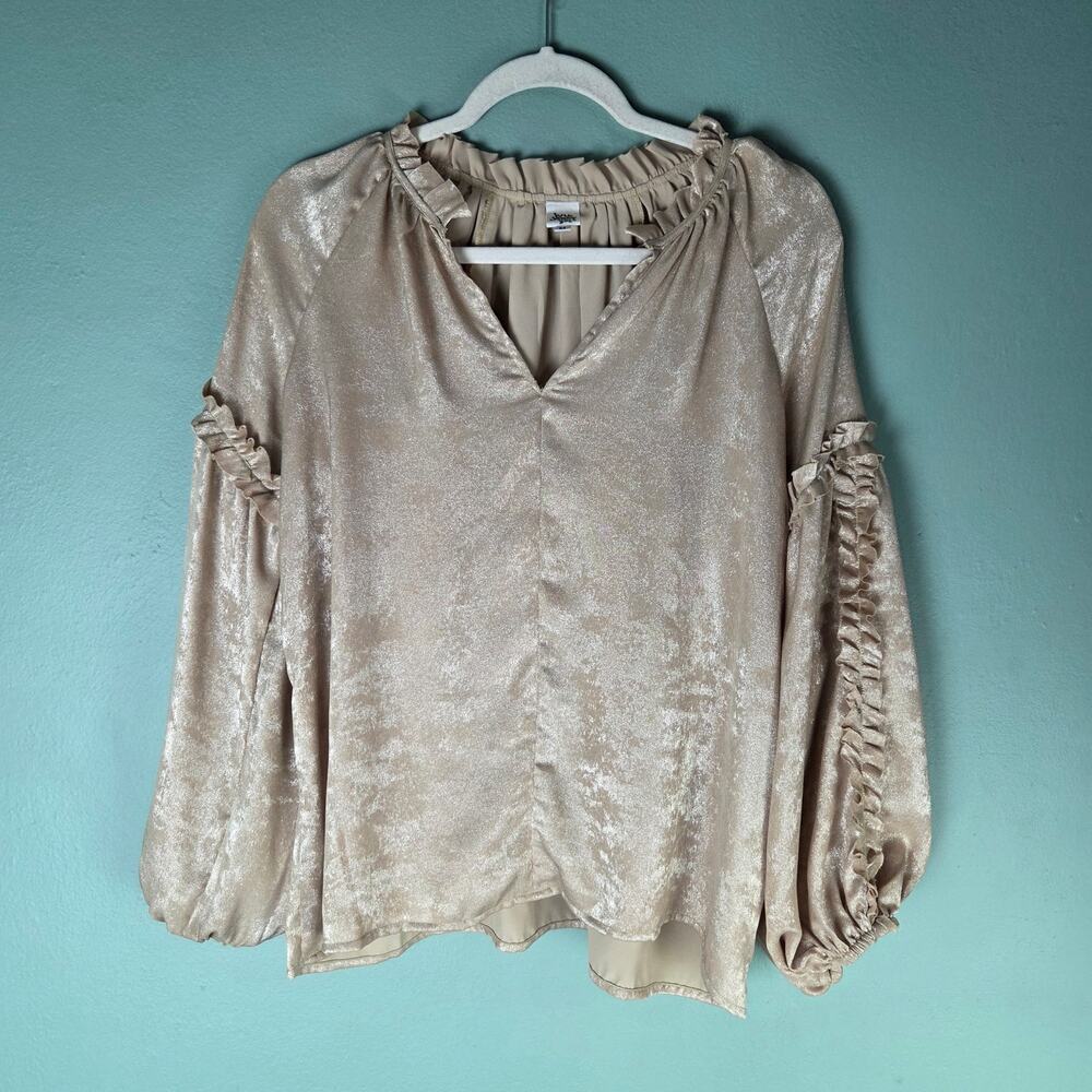 Ivy Jane Womens Blouse Medium Metallic Popover Ruffled Top VNeck Long Sleeve